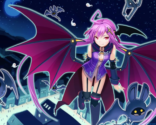 Anime picture 2225x1777 with cosmic break morizo cs (artist) single long hair highres red eyes pink hair ahoge city girl detached sleeves wings cross bat