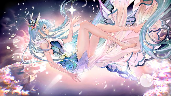 Anime picture 1920x1080 with original zuo600 single fringe highres blue eyes light erotic hair between eyes wide image payot blue hair looking away bent knee (knees) outdoors very long hair profile barefoot hair flower lens flare falling