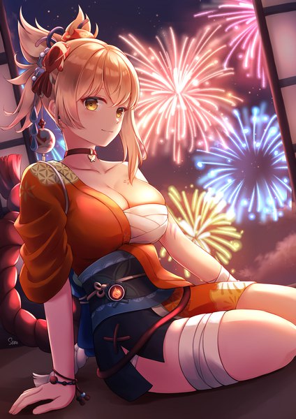 Anime picture 1273x1800 with genshin impact yoimiya (genshin impact) sebu illust single tall image looking at viewer short hair breasts light erotic blonde hair large breasts sitting yellow eyes cleavage ponytail indoors traditional clothes japanese clothes arm support fireworks