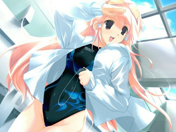 Anime picture 1024x768 with long hair brown eyes pink hair swimsuit jacket clock coat competition swimsuit stopwatch