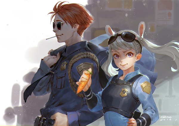 Anime picture 1535x1086 with zootopia disney judy hopps nick wilde qmo (chalsoma) long hair looking at viewer fringe short hair smile twintails holding signed animal ears looking away silver hair upper body ahoge outdoors profile
