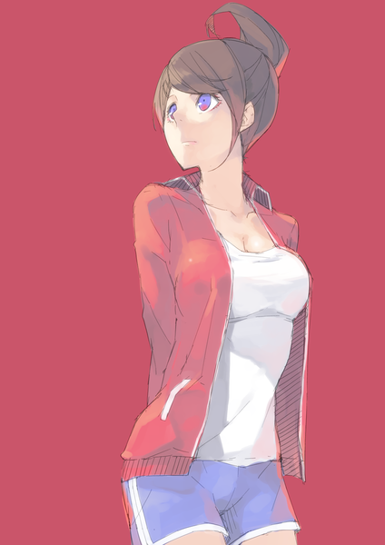 Anime picture 1240x1754 with dangan ronpa asahina aoi haruba negi single tall image short hair simple background brown hair purple eyes ponytail open clothes open jacket looking up hands behind back red background girl jacket shorts