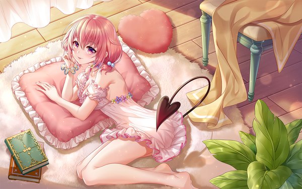 Anime picture 1920x1204 with toloveru toloveru darkness xebec momo velia deviluke xi qian sis1 single looking at viewer blush fringe highres short hair breasts smile hair between eyes large breasts purple eyes payot pink hair cleavage bent knee (knees)