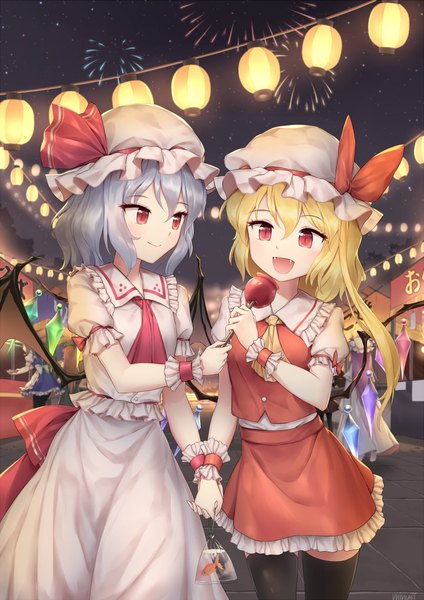 Anime picture 720x1018 with touhou flandre scarlet remilia scarlet izayoi sakuya patchouli knowledge hong meiling koakuma minust long hair tall image blush fringe short hair breasts open mouth blonde hair smile hair between eyes red eyes standing