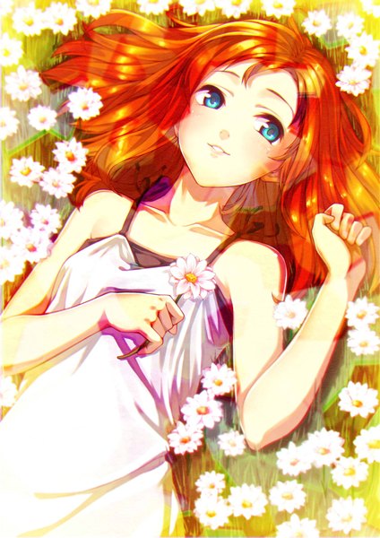 Anime picture 1500x2123 with original uyu (keyakinoki) single long hair tall image fringe blue eyes smile bare shoulders holding looking away lying parted lips from above sunlight orange hair girl dress flower (flowers) plant (plants)