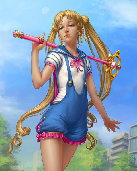 Anime picture 882x1100 with bishoujo senshi sailor moon toei animation tsukino usagi sailor moon single long hair tall image looking at viewer blue eyes blonde hair standing twintails holding sky cloud (clouds) light smile from below hair bun (hair buns) alternate costume city