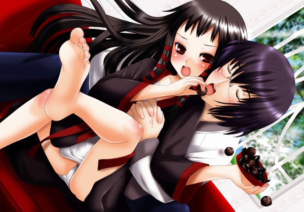 Anime picture 1200x839 with ar tonelico ar tonelico ii gust (company) jacqli chroah vatel inumori sayaka long hair looking at viewer blush fringe short hair open mouth light erotic black hair red eyes sitting holding purple hair eyes closed barefoot