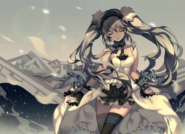 Anime picture 1600x1161 with 7th dragon vocaloid hatsune miku rhea single twintails payot eyes closed very long hair grey hair girl thighhighs dress black thighhighs frills hairband
