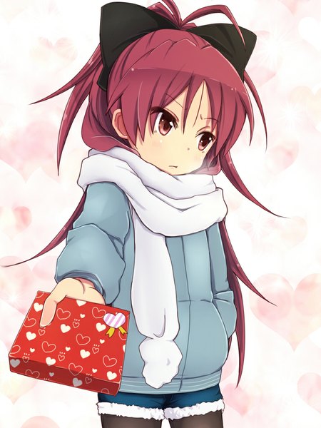 Anime picture 768x1024 with mahou shoujo madoka magica shaft (studio) sakura kyouko amano kouki single long hair tall image blush fringe simple background red eyes holding looking away ponytail red hair valentine heart print girl bow hair bow