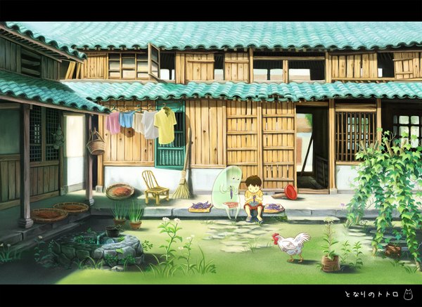 Anime picture 1680x1225 with totoro (pixiv) ghost plant (plants) animal bird (birds) grass child (children) broom house roof well