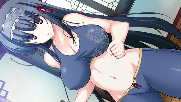 Anime picture 1280x720 with sangoku hime unicorn-a long hair breasts light erotic black hair wide image large breasts purple eyes game cg girl navel hairband leggings