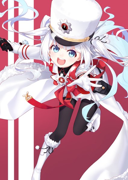 Anime picture 1032x1457 with blue archive cherino (blue archive) daifuku (tkja3555) single long hair tall image looking at viewer open mouth blue eyes white hair :d teeth two side up red background outstretched hand girl gloves hair ornament ribbon (ribbons) weapon