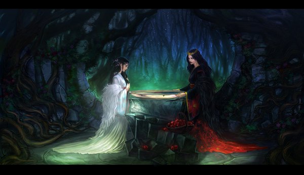 Anime-Bild 1557x900 mit anndr (artist) long hair black hair wide image multiple girls traditional clothes lips night girl dress hair ornament weapon 2 girls plant (plants) earrings tree (trees) fur fruit crown forest