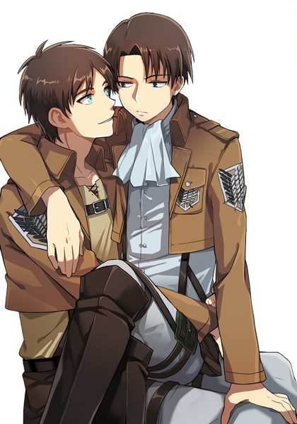Anime picture 700x1000 with shingeki no kyojin production i.g eren yaeger levi (rivaille) x-ryuchan (artist) tall image short hair blue eyes smile brown hair sitting green eyes aqua eyes open clothes open jacket multiple boys couple hug crossed legs transparent background