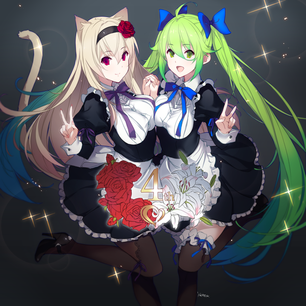 Anime-Bild 2200x2200 mit falkyrie no monshou kagetomo midori long hair looking at viewer highres open mouth blonde hair smile red eyes twintails multiple girls green eyes animal ears ahoge bent knee (knees) tail very long hair :d animal tail green hair