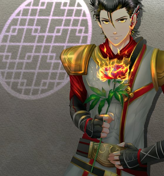 Anime picture 968x1040 with shin sangoku musou zhu ran tagme (artist) single tall image looking at viewer short hair black hair simple background holding brown eyes yellow eyes light smile grey background glowing boy gloves flower (flowers) belt armor