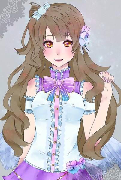 Anime picture 732x1090 with love live! school idol project sunrise (studio) love live! minami kotori suzuyas single long hair tall image looking at viewer blush fringe simple background smile brown hair bare shoulders yellow eyes nail polish parted lips hair flower sleeveless