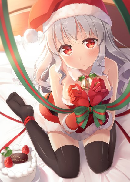 Anime picture 800x1119 with original hyuuga azuri single long hair tall image looking at viewer blush red eyes white hair from above fur trim christmas merry christmas girl thighhighs dress gloves ribbon (ribbons) black thighhighs hat