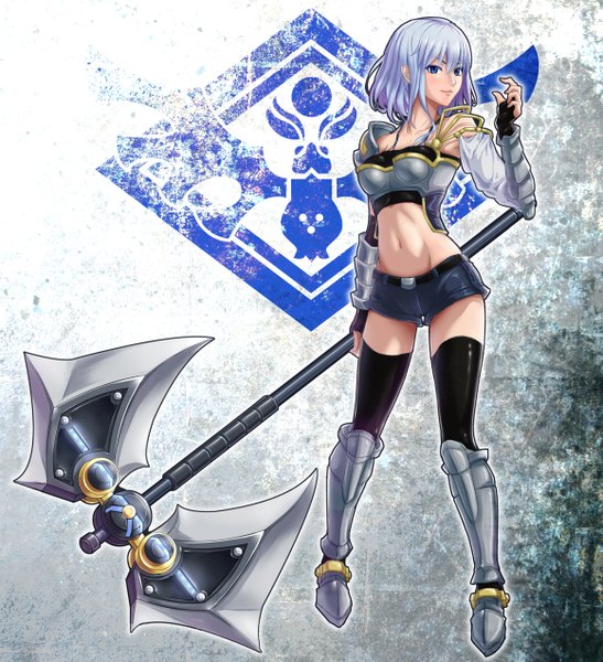 Anime picture 1160x1272 with original pixiv fantasia ao ebi single tall image short hair blue eyes blue hair midriff girl thighhighs navel weapon black thighhighs shorts armor