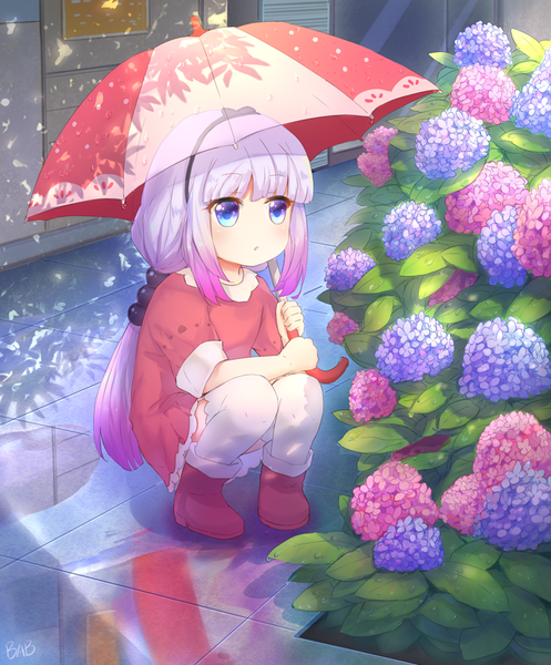 Anime picture 720x868 with kobayashi-san chi no maidragon kyoto animation kanna kamui babouo single long hair tall image blush fringe sitting holding signed looking away purple hair bent knee (knees) blunt bangs parted lips sunlight :o shadow