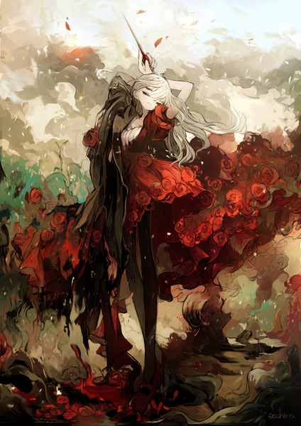 Anime picture 636x900 with original asahiro single long hair tall image holding signed white hair eyes closed surreal girl flower (flowers) petals pantyhose rose (roses) red rose baton (instrument)