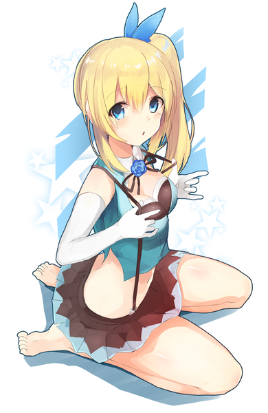 Anime picture 1152x1772 with virtual youtuber mirai akari project mirai akari gucchi (guttii1208) single long hair tall image looking at viewer blush fringe breasts open mouth blue eyes blonde hair hair between eyes sitting payot cleavage full body pleated skirt