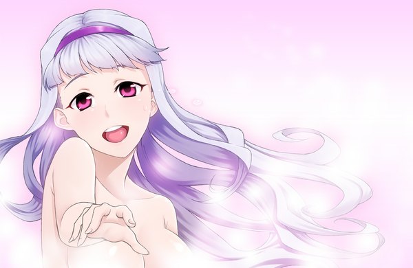 Anime picture 1000x650 with idolmaster shijou takane tkhs single long hair looking at viewer blush breasts open mouth light erotic bare shoulders purple hair pink eyes nude outstretched arm face girl ribbon (ribbons) hair ribbon tongue
