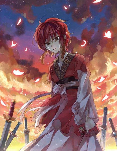 Anime picture 623x800 with akatsuki no yona studio pierrot yona (akatsuki no yona) mon single tall image short hair brown eyes looking away sky cloud (clouds) red hair traditional clothes from below tears torn clothes crying princess girl dress