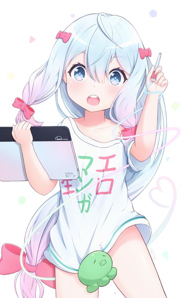 Anime picture 2100x3360 with eromanga sensei a-1 pictures izumi sagiri sorakumo single tall image looking at viewer blush fringe highres open mouth blue eyes light erotic simple background hair between eyes standing white background holding silver hair very long hair