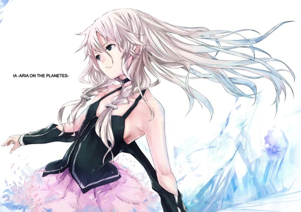 Anime picture 1200x847 with vocaloid ia (vocaloid) mille (dieci) single long hair fringe simple background white background bare shoulders green eyes looking away braid (braids) very long hair multicolored hair inscription twin braids girl choker