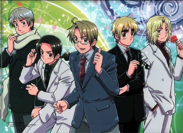 Anime picture 4649x3394 with axis powers hetalia studio deen united kingdom (hetalia) japan (hetalia) america (hetalia) russia (hetalia) china (hetalia) france (hetalia) highres short hair open mouth blue eyes black hair blonde hair brown hair green eyes absurdres multiple boys hand in pocket sunglasses removed