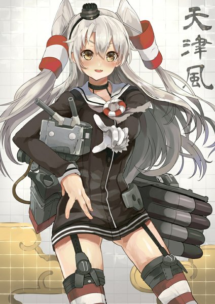 Anime picture 707x1000 with kantai collection amatsukaze destroyer rensouhou-kun himuro (dobu no hotori) single long hair tall image blush fringe open mouth light erotic yellow eyes silver hair two side up zettai ryouiki pointing pointing at viewer girl thighhighs dress