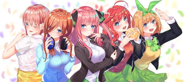 Anime picture 10185x4568 with go-toubun no hanayome nakano miku nakano nino nakano ichika nakano itsuki nakano yotsuba hachiroku (hatirokusann86) long hair looking at viewer blush fringe highres short hair breasts open mouth blue eyes blonde hair smile hair between eyes brown hair