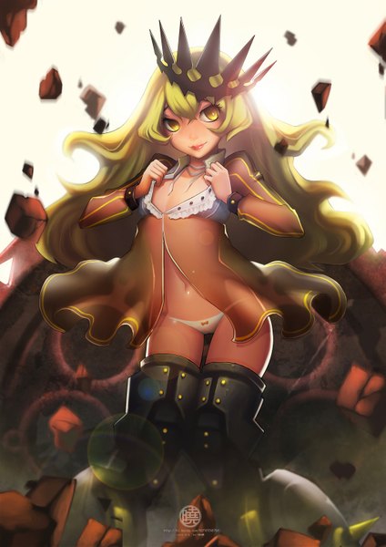 Anime picture 1075x1520 with black rock shooter chariot (black rock shooter) fiodo single long hair tall image looking at viewer fringe breasts light erotic simple background blonde hair yellow eyes cleavage lips midriff pantyshot lipstick thighs text