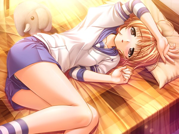 Anime picture 1200x900 with fortune arterial august soft yuuki kanade single looking at viewer blush short hair open mouth blonde hair brown eyes game cg ahoge bent knee (knees) indoors lying sunlight on side hand on head girl socks