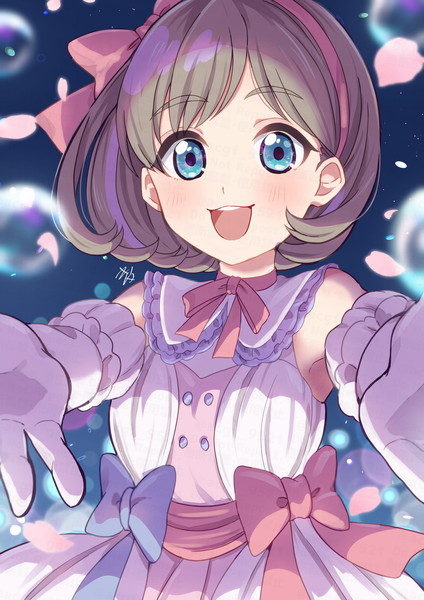 Anime picture 2828x4000 with hello!!! love live! sunrise (studio) love live! tang keke kyaku tatsu single tall image looking at viewer blush fringe highres short hair open mouth blue eyes smile standing bare shoulders :d grey hair outstretched hand