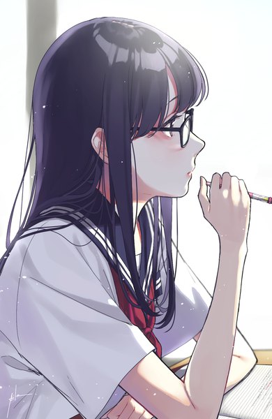 Anime picture 1300x2000 with original aiko (aiko 54) single long hair tall image fringe black hair sitting signed looking away upper body profile girl uniform glasses serafuku pencil notebook