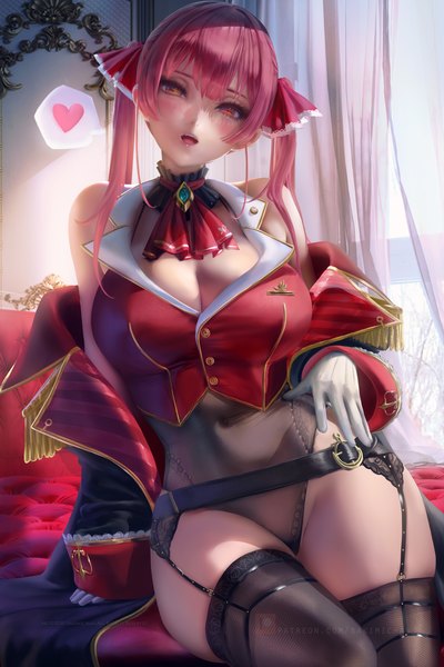 Anime picture 2400x3600 with virtual youtuber hololive houshou marine houshou marine (1st costume) sakimichan single long hair tall image looking at viewer blush fringe highres breasts open mouth light erotic hair between eyes red eyes large breasts sitting twintails