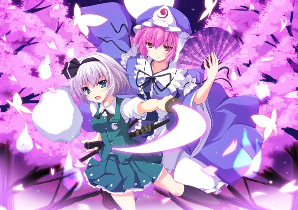 Anime picture 1421x1000 with touhou konpaku youmu saigyouji yuyuko cross (crossryou) short hair open mouth blue eyes red eyes multiple girls pink hair silver hair cherry blossoms ghost girl dress skirt weapon 2 girls plant (plants) petals