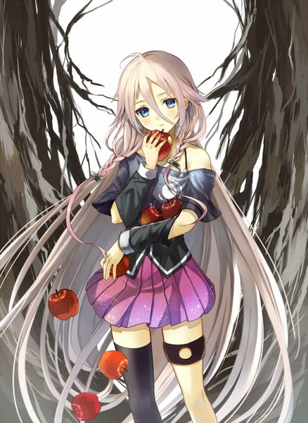 Anime picture 600x821 with vocaloid ia (vocaloid) hanekoto single tall image looking at viewer blush blue eyes pink hair braid (braids) very long hair twin braids girl thighhighs skirt black thighhighs miniskirt fruit single thighhigh garter (garters)