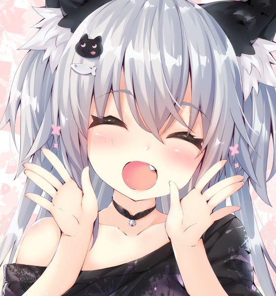 Anime picture 1676x1800 with original oziko (ojitcha) ojitcha single long hair tall image blush fringe open mouth smile hair between eyes animal ears eyes closed head tilt grey hair fang (fangs) two side up happy eyebrows ^ ^