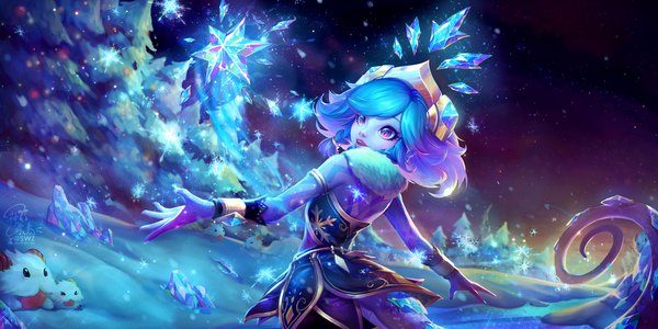 Anime picture 2000x1000 with league of legends poro (league of legends) neeko (league of legends) kanmai x sou single looking at viewer highres short hair open mouth wide image standing purple eyes signed blue hair outdoors braid (braids) looking back night night sky fur trim