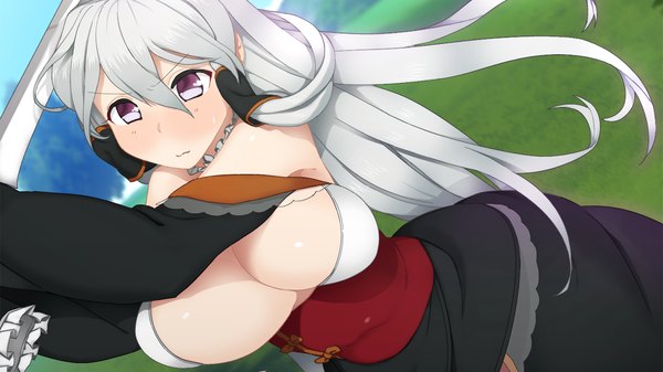 Anime picture 1280x720 with sangoku hime unicorn-a long hair breasts light erotic wide image purple eyes game cg white hair huge breasts girl weapon sword