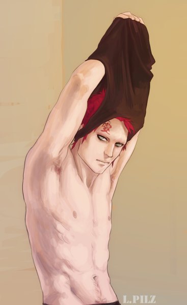 Anime picture 852x1392 with naruto studio pierrot naruto (series) gaara l.pilz single tall image looking at viewer short hair light erotic green eyes signed nipples red hair arms up armpit (armpits) hieroglyph topless undressing jinchuriki