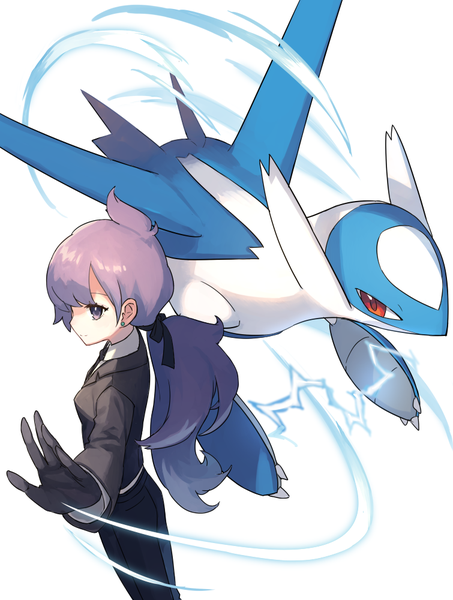 Anime picture 755x1000 with pokemon pokemon sm nintendo latios anabel (pokemon) chorefuji single long hair tall image simple background white background purple eyes looking away purple hair profile from above outstretched arm low ponytail electricity gen 3 pokemon