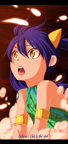 Anime picture 483x1020 with fairy tail wendy marvell tongasart single long hair tall image twintails yellow eyes purple hair inscription loli tattoo coloring glowing smoke glowing eye (eyes) girl dress jewelry sundress
