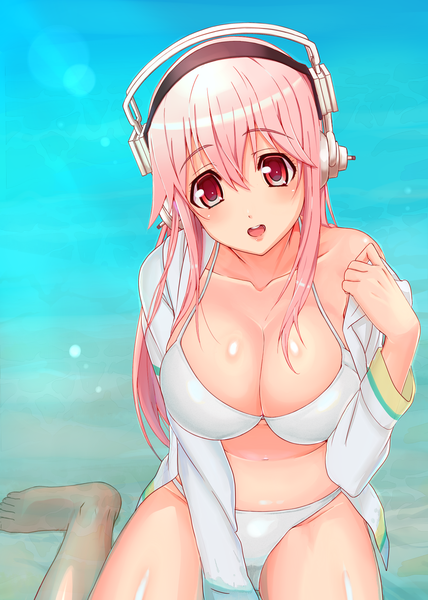 Anime picture 2480x3472 with nitroplus super sonico single long hair tall image looking at viewer blush highres breasts open mouth light erotic red eyes large breasts pink hair open clothes open shirt girl navel swimsuit bikini