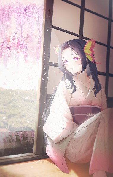 Anime picture 3314x5218 with kimetsu no yaiba ufotable kochou kanae yeoni mon single long hair tall image highres black hair smile sitting purple eyes looking away absurdres indoors long sleeves traditional clothes japanese clothes wide sleeves turning head