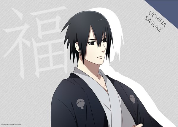 Anime picture 1538x1100 with naruto studio pierrot naruto (series) uchiha sasuke ahri (will) single fringe short hair black hair simple background hair between eyes signed looking away upper body traditional clothes japanese clothes black eyes grey background character names hieroglyph