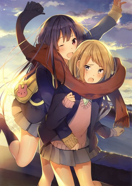 Anime picture 2492x3500 with original okia long hair tall image blush highres short hair open mouth black hair blonde hair red eyes multiple girls brown eyes sky cloud (clouds) scan official art evening sunset shared scarf